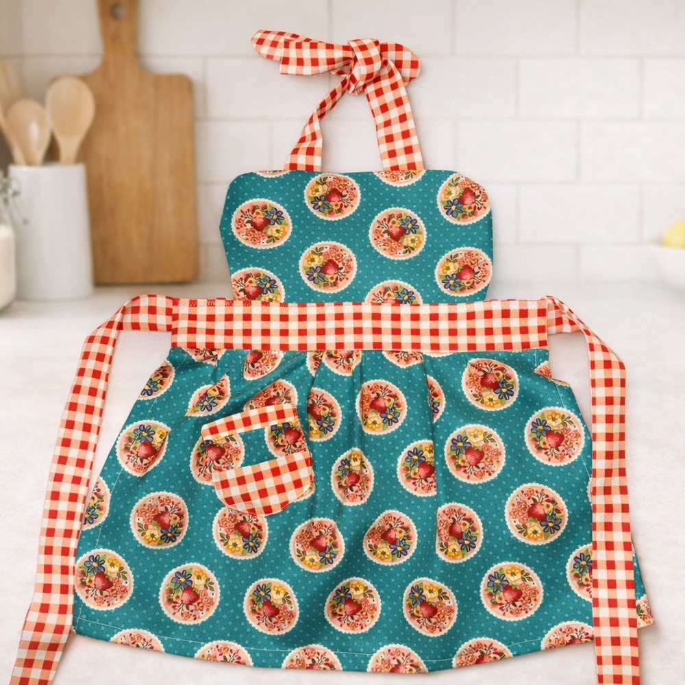 Floral Apron with Red Gingham Ties